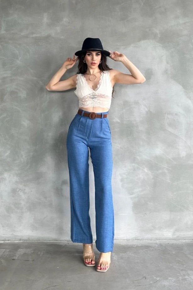 Beli Kemerli Keten Pantolon Mavi