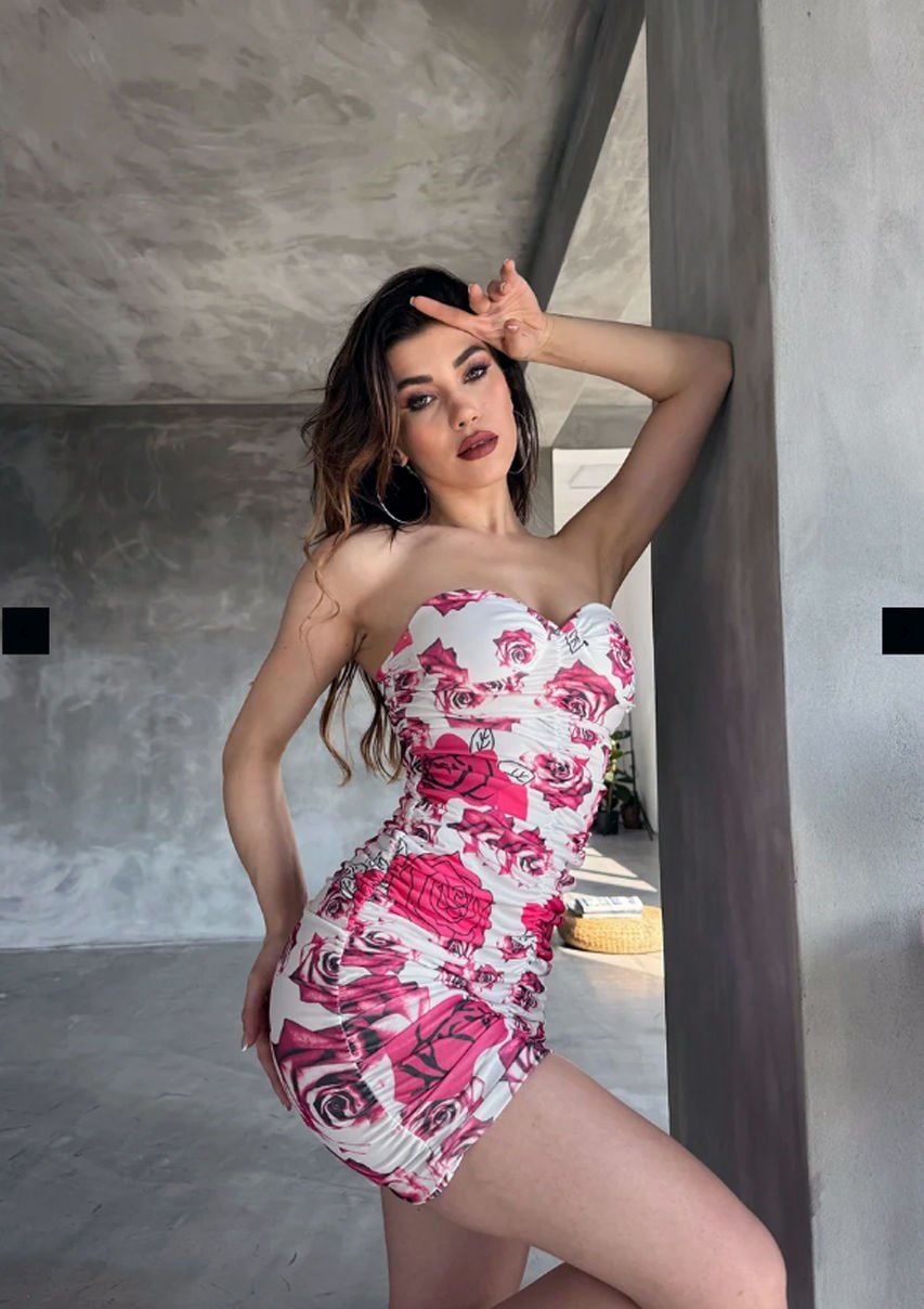 Çiçek Desenli Drapeli Mini Dilber Elbise Pembe