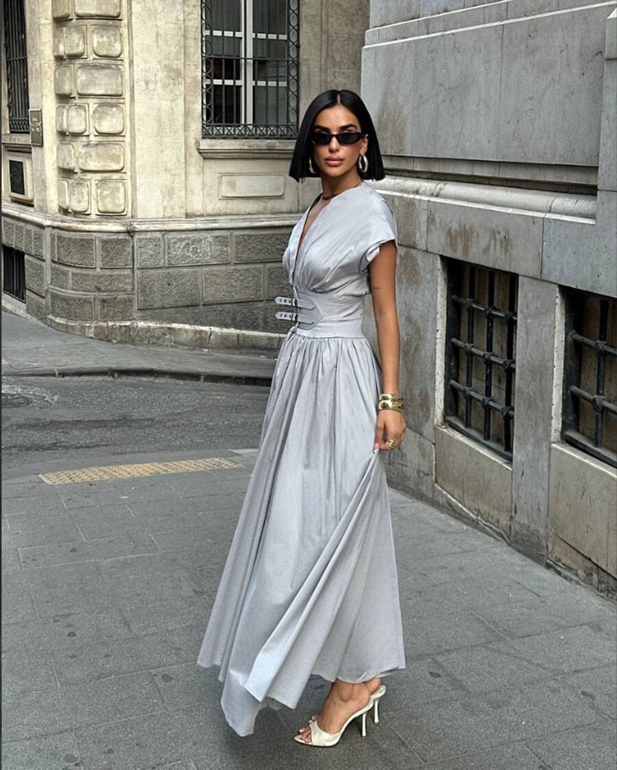 Maria Likralı Poplin Elbise Gri