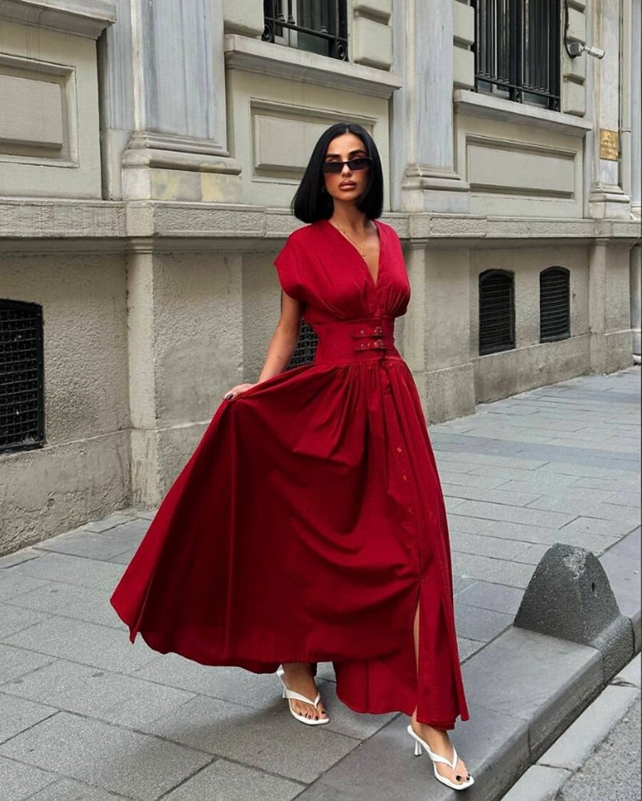 Maria Likralı Poplin Elbise Kırmızı